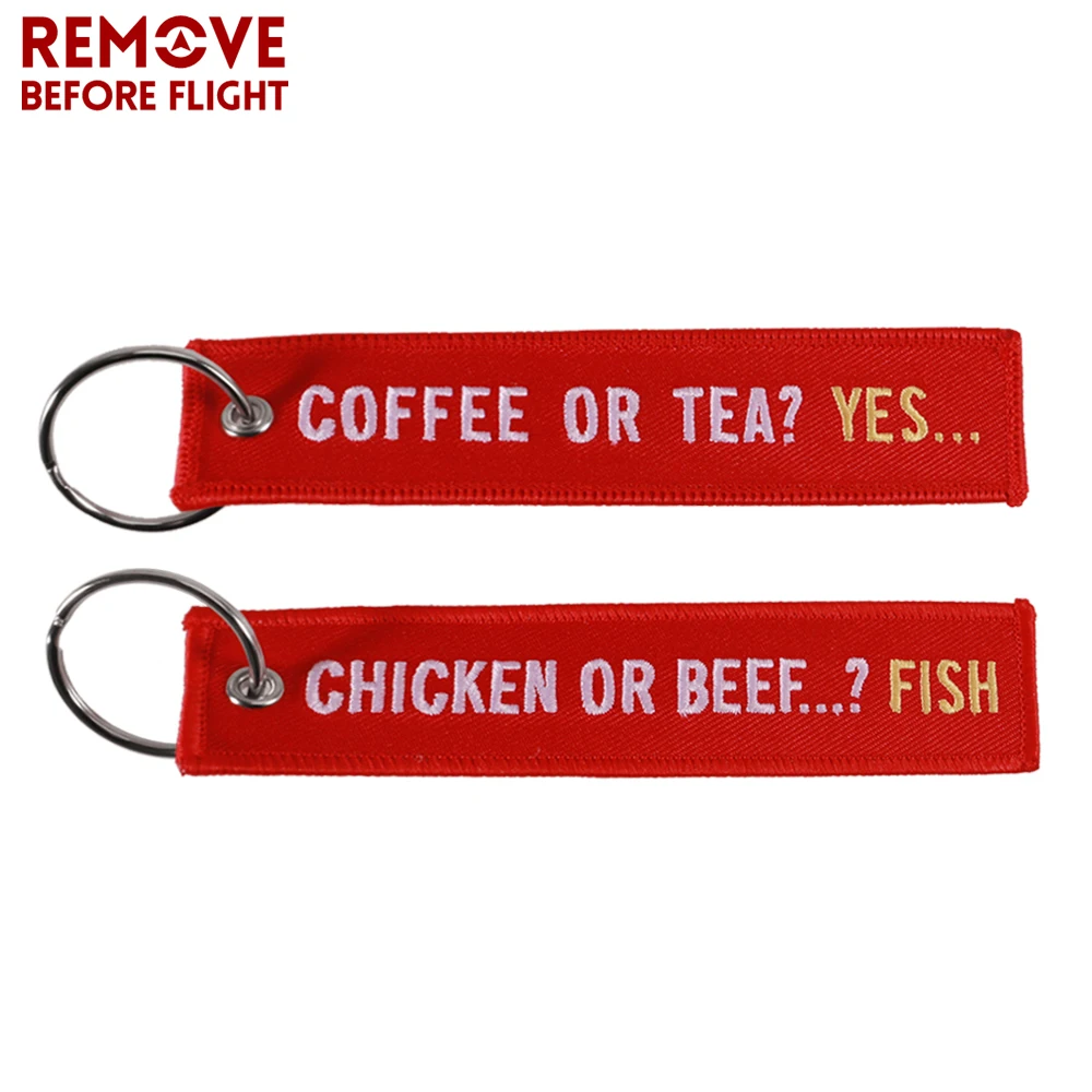 50 PCS/LOT Coffee or Tea YES Keychains for Cars Embroidery Chicken or Beef Fish Key Chain Bijoux Porte Clef Aviation Key Chains