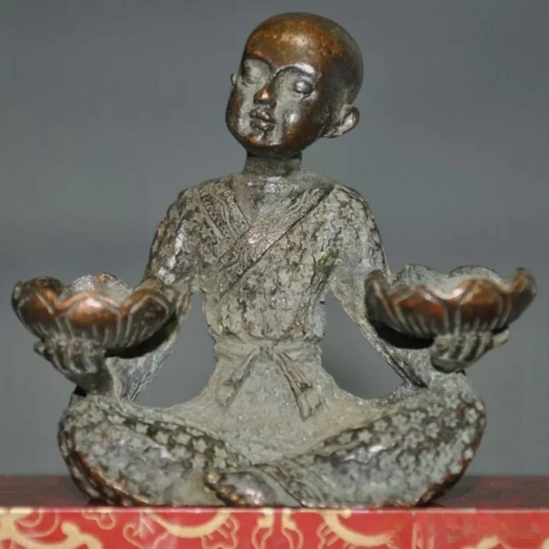 2.4"chinese Buddhism temple bronze Monk Boy statue Candle Holder Candlestick