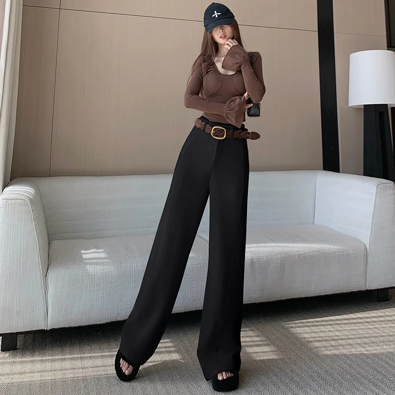 السيدات الصوفية السراويل واسعة الساق الخريف الشتاء Thiened Fce نسخة ضيقة السراويل ثنى السراويل الصوفية الناعمة عالية الخصر Z... #5