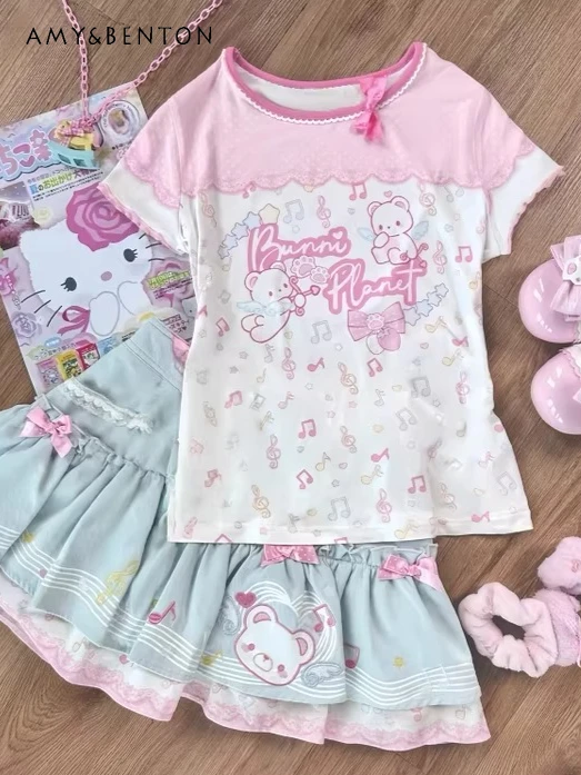 

Original Bear Party Sweet Cartoon Print Short Sleeve Summer Lace Short Skirt Sets Women Cute Girly Kawaii Two-Piece Set Summer
