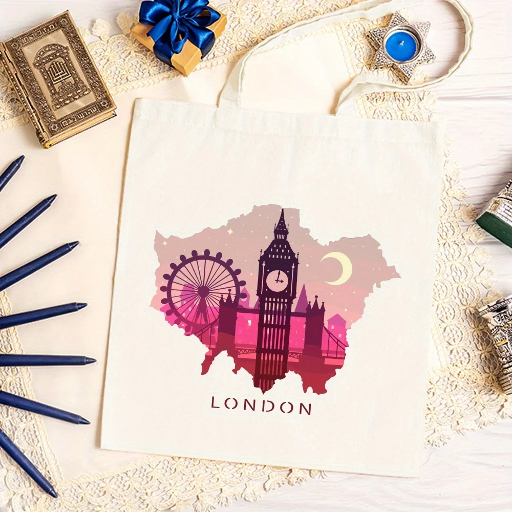 A London Stamp Print Canvas Tote Bag, Suitable For Daily Use, Shopping, School, And Travel