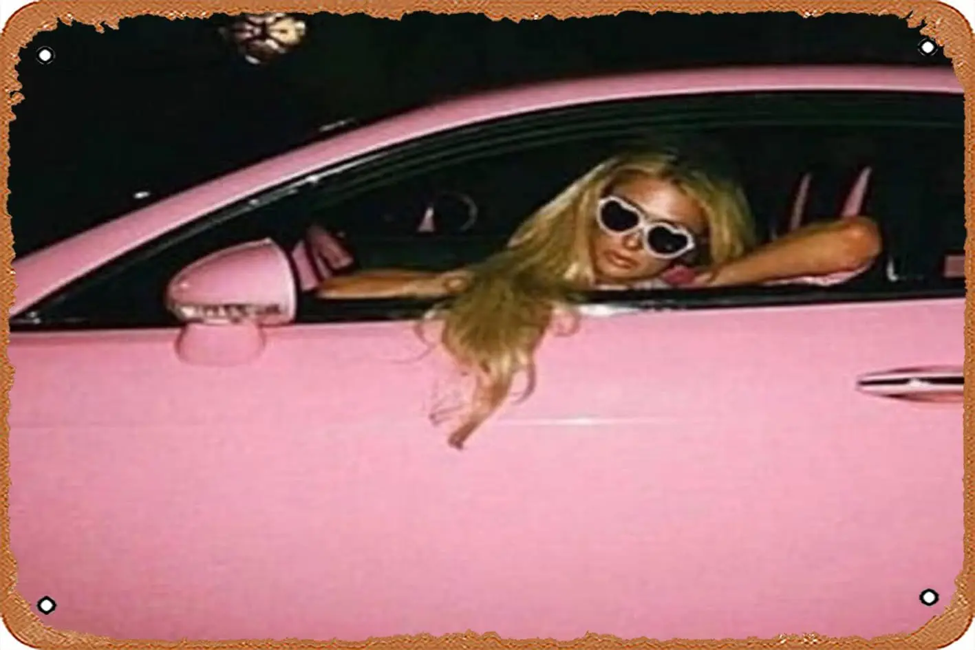 muecddoa Paris Hilton on a Pink car y2k Design Poster Metal Tin Sign  Vintage Retro Man Cave Wall Decor.