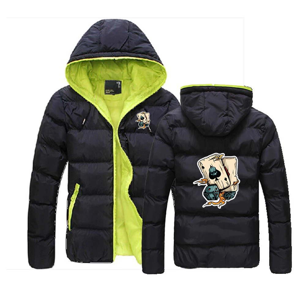 Men's Autumn Winter Creative Poker And Dice Logo Print Puffer Parka Jacket with Hooded Featuring Zipper Front for Casual Coat