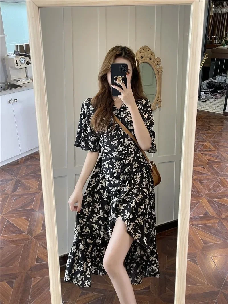 Women Summer Irregular Dress Floral Chic Slim V Neck Dresses Short Sleeve Cottagecore Dresses New Sweet Girls Casual Streetwear