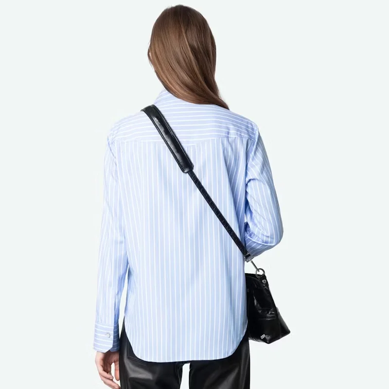 Zadig Striped Shirt Female Diamond Button Shirts Women Casual Cotton Lapel Tops Lady Pocket Blouse New Blue White Striped Shirt