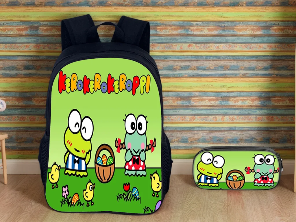 Children School Large Book Bag 2Pcs Set-Keroppi Daily Backpack with Pencil Box for Student