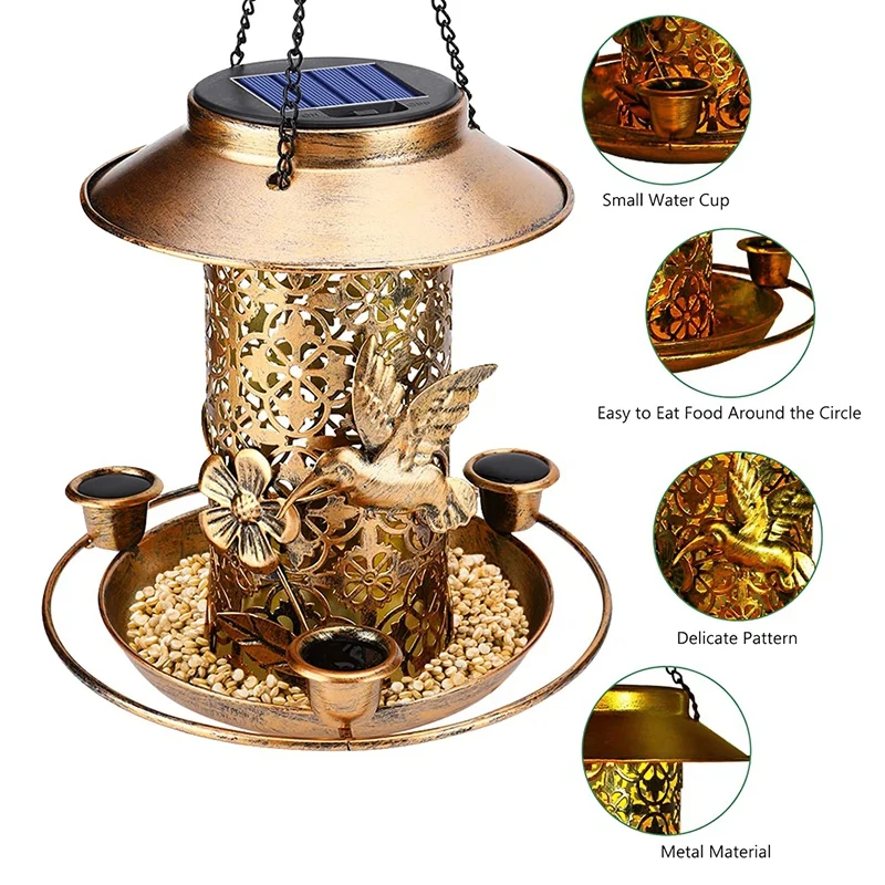 Solar Bird Feeder For Outdoors Lights - Hanging Wild Birdfeeder Waterproof Bird Feeders For Outside House Retro Garden