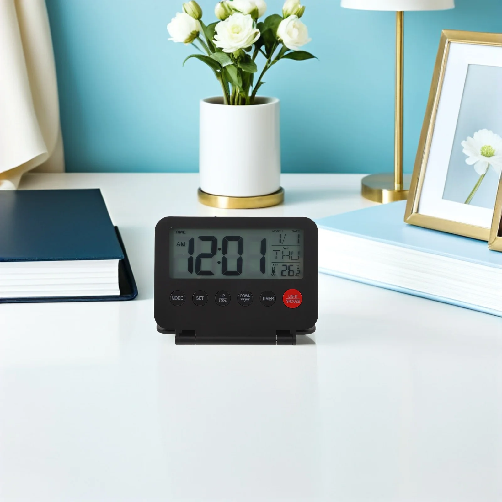 

Portable Travel Alarm Clock: Slim Digital Flip Down Bedside Table Desk Clock With Night Light Temperature Display For Bedroom