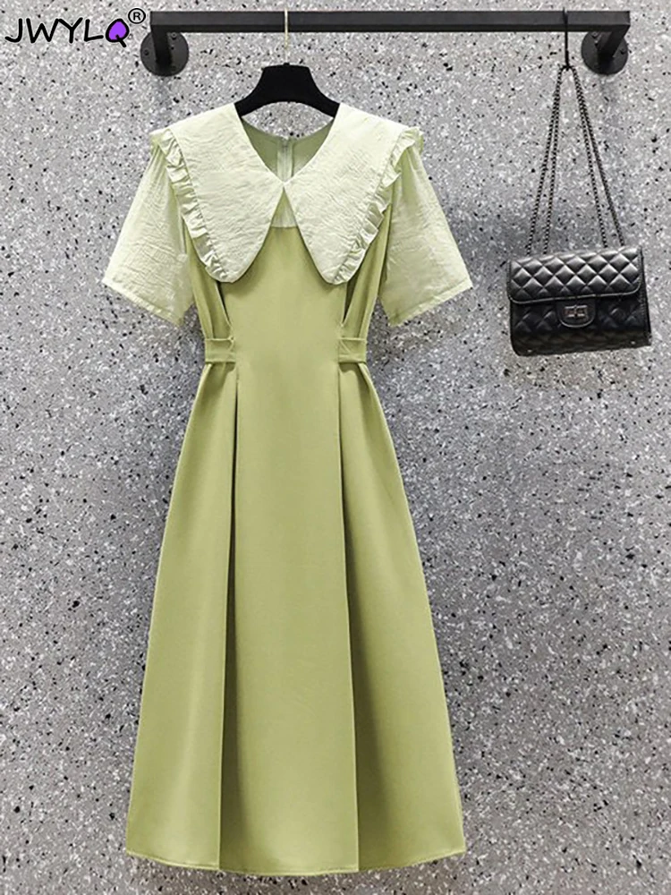 

Tight Waist Slimming Gentle Fruit Green Dress Women's 2023 New Summer Splicing Fake Two-piece Large Size 4xl Skirt Elegant Dress