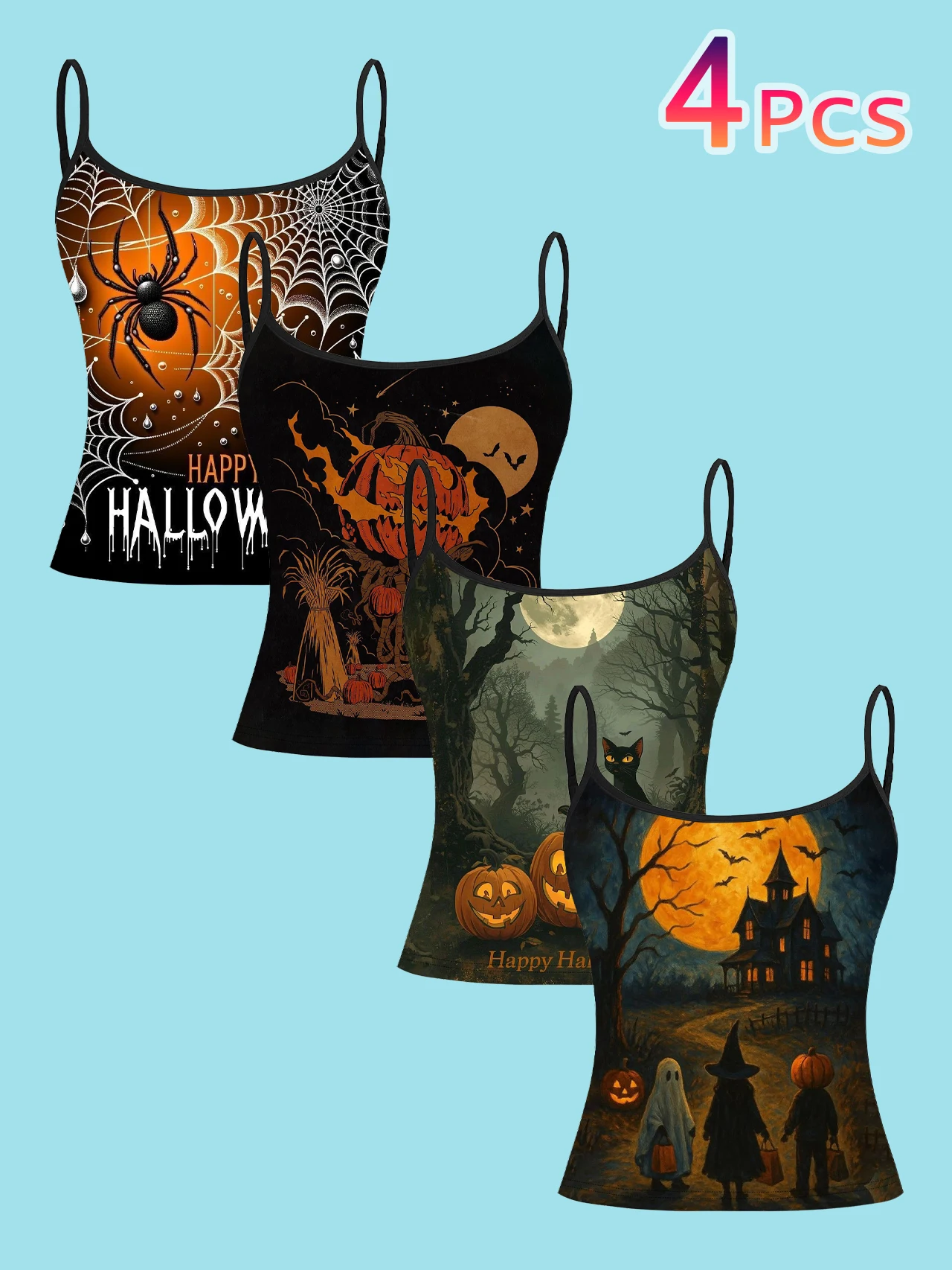 4-Piece Set of Vintage Oil Painting Style Halloween Women's Camisoles with Spider, Spider Web, Pumpkin, Moonlit Forest, and Trick-Or-Treater Prints, Slim-Fit Spaghetti Strap Short Camisole Tops