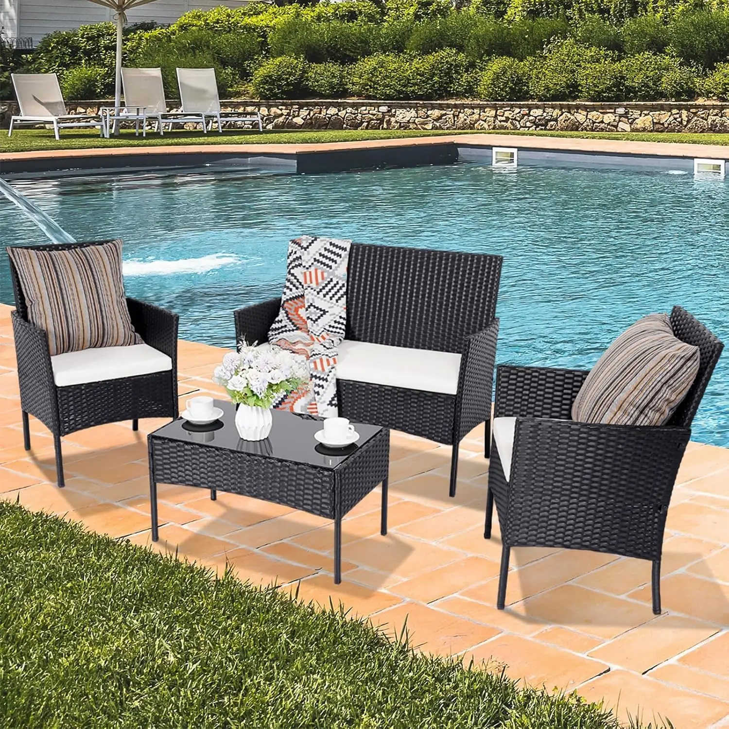 Patio Furniture 4 Pieces Rattan Sofa & Chairs Tempered Glass Coffee Table Garden Terrace Porch Outdoor, Customized