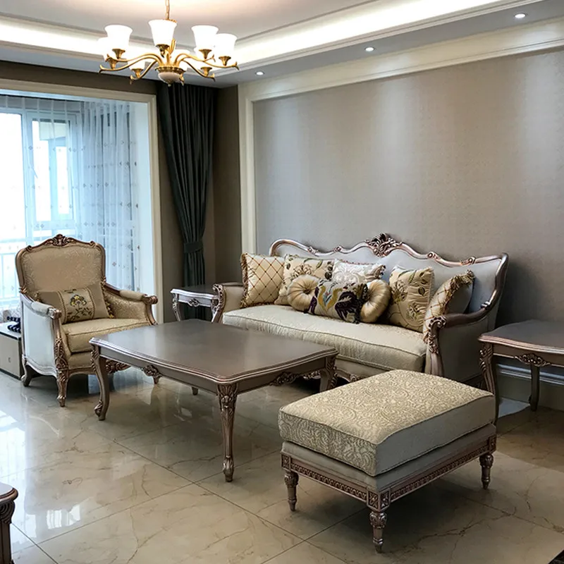 gj-European Style Neo-classical Three Seat Solid Wood Sofa with Fabric Upholstery Luxury Living Room Furniture for Small Spaces#