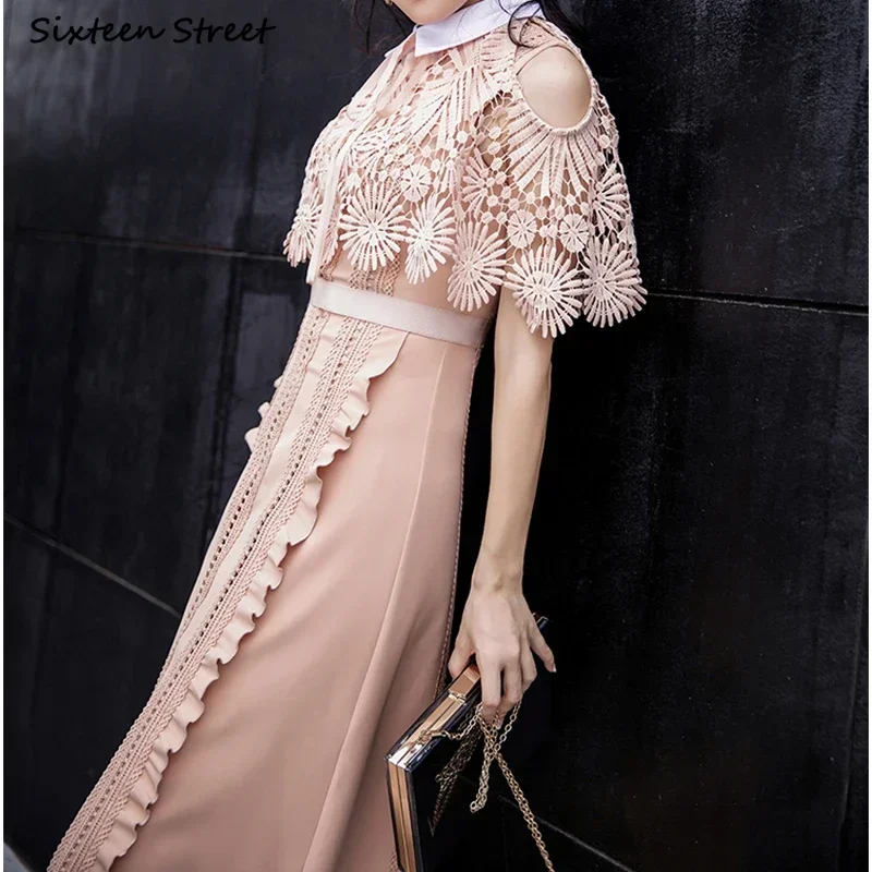 Apricot Vintage Dress Women Summer Hook Flower Hollow High Waisted Elegant Maxi Vestidos Runway Design Party Dress Woman