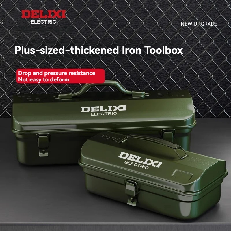 DELIXI Thicked Iron Tool Box Multi-functional Hard Case Industrial Tools Storage Box Household Car Hand-held Steel Storage Box