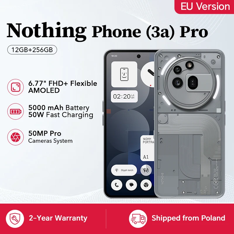 Nothing Phone (3a) Pro, smartphone 5G, 12+256 GB, fotocamera periscopica da 50 MP, zoom ultra da 60x, display AMOLED da 6,77" a 120 Hz, processore Snapdragon 7s Gen 3, batteria da 5000 mAh.