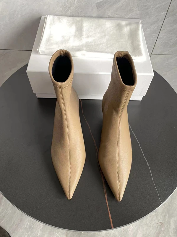 Jenny&Dave Minimalist French Pointed High-heeled Short Boots With Elastic Sheepskin Elegant Shoes Women's Shoes