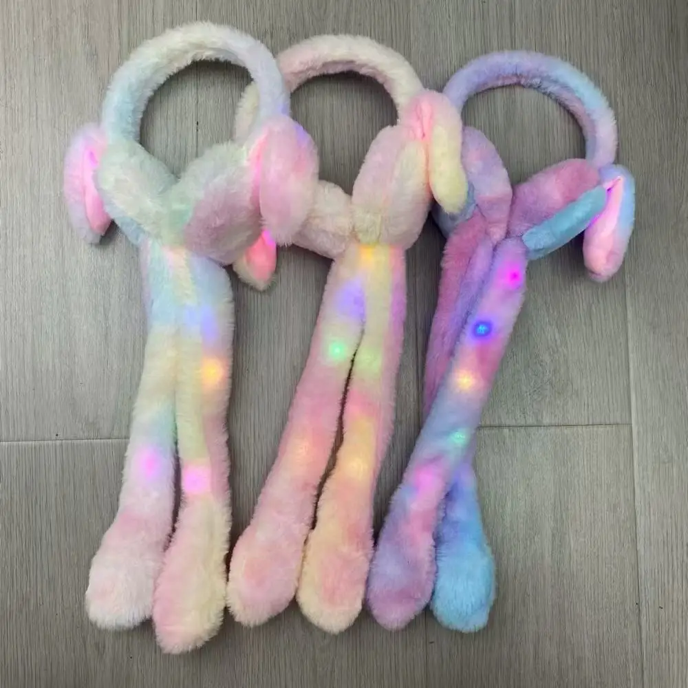 Glowing Plush Earmuffs Moving Rabbit Ears Cute Tie Dye Ear Muffs Winter Warm Protective Gear Soft Comfortable Outdoor Headwear