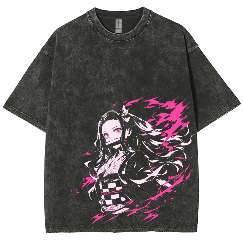 Anime Lines Girl Avatar T-Shirt Fashionable And Simple Neutral Style Printing Loose Round Neck Pullover Shoulder Short Sleeves