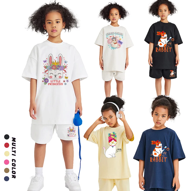 Cute Kids Clothes Girls Tees Set Summer Designer Short sleeved Cartoon Romantic Love Rabbit Print T-shirt Tops Shorts Child Suit