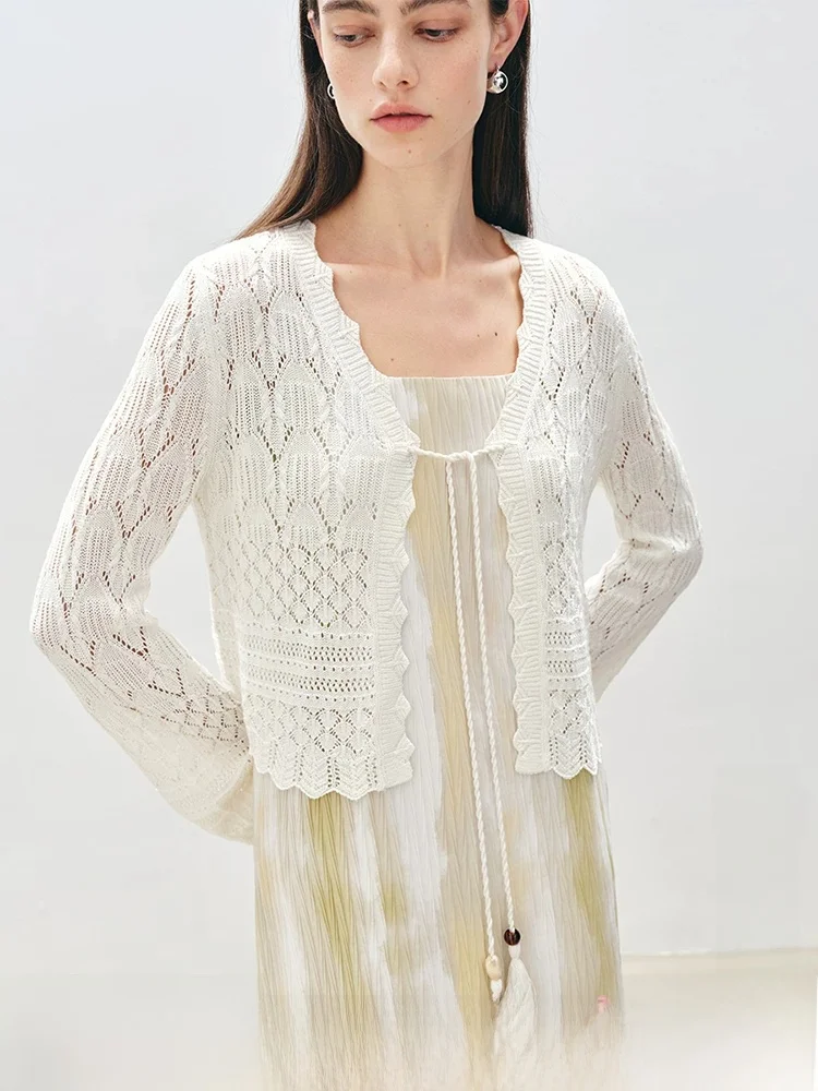 

e White Knitted Hollow out Cardigan Women's Sweet Sle Long Sve V-Ne n Print Faux Fur Belted Top