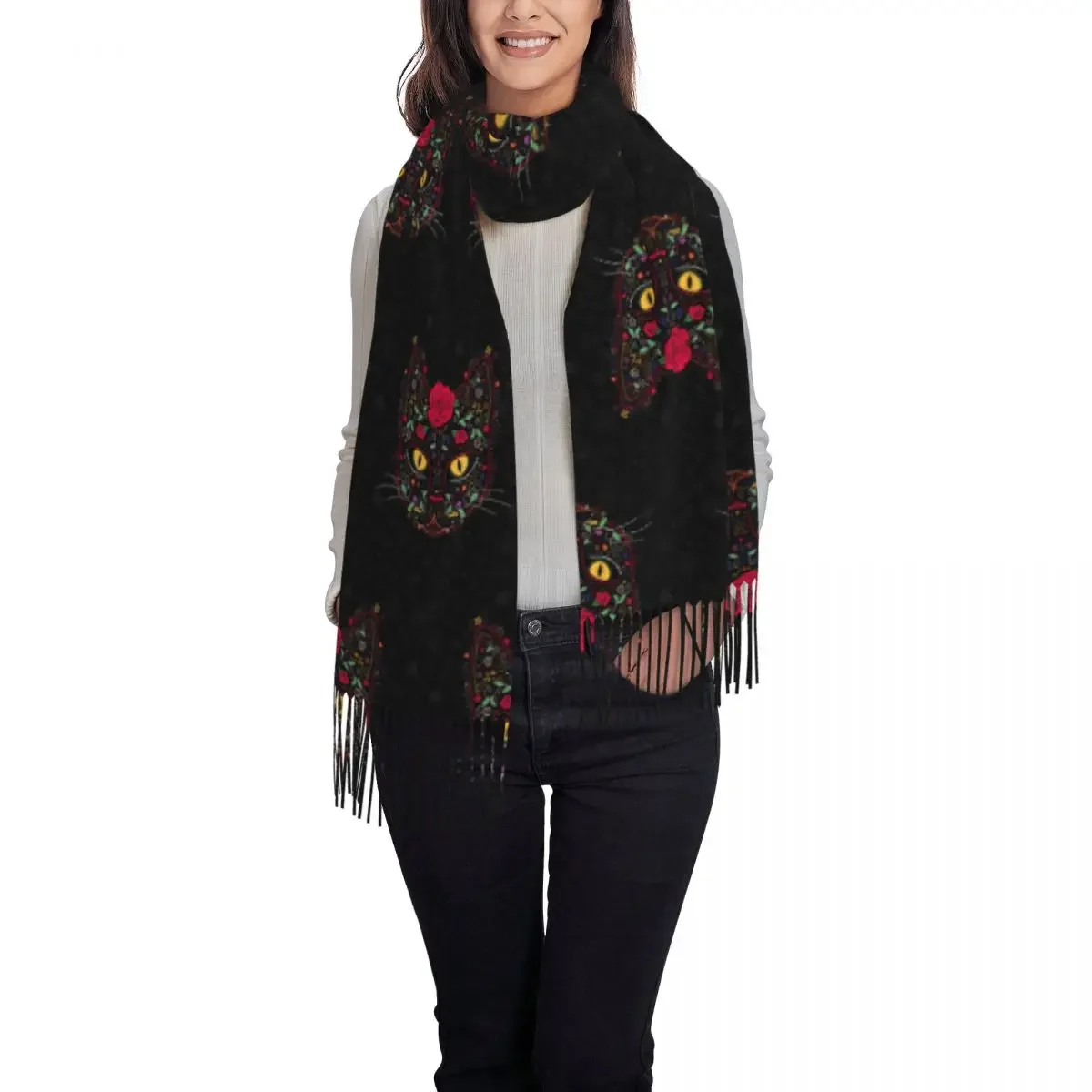 Customized Printed Day Of The Dead Kitten Cat Sugar Skull Scarf Winter Fall Scarves Mexican Halloween Floral Shawl Wrap