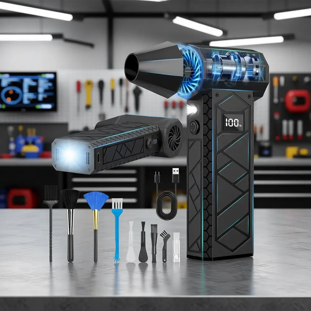 

Электрический воздуходув с ЖК-дисплеем, турбовоздуходувка 180000 об/мин, 4-режимный вентилятор с дополнительной подсветкой - черный