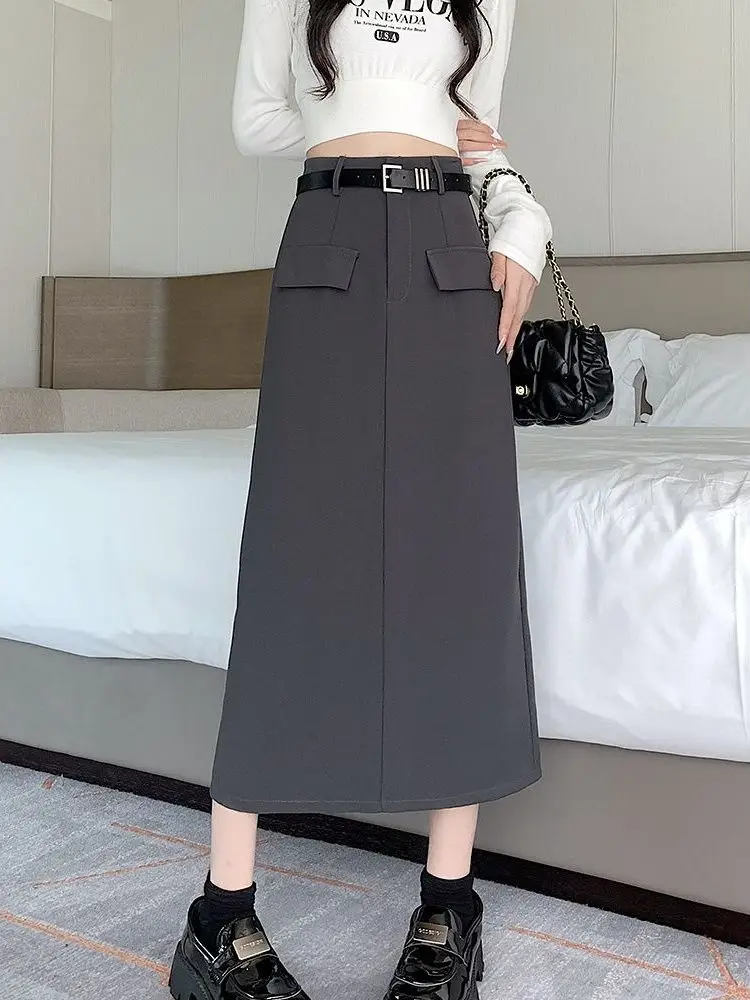 

ay Pleated Suit Skirt High Waist Midi A-Line Bodycon Faionable Spring Summer Korean Sle Casual Polyester Fiber