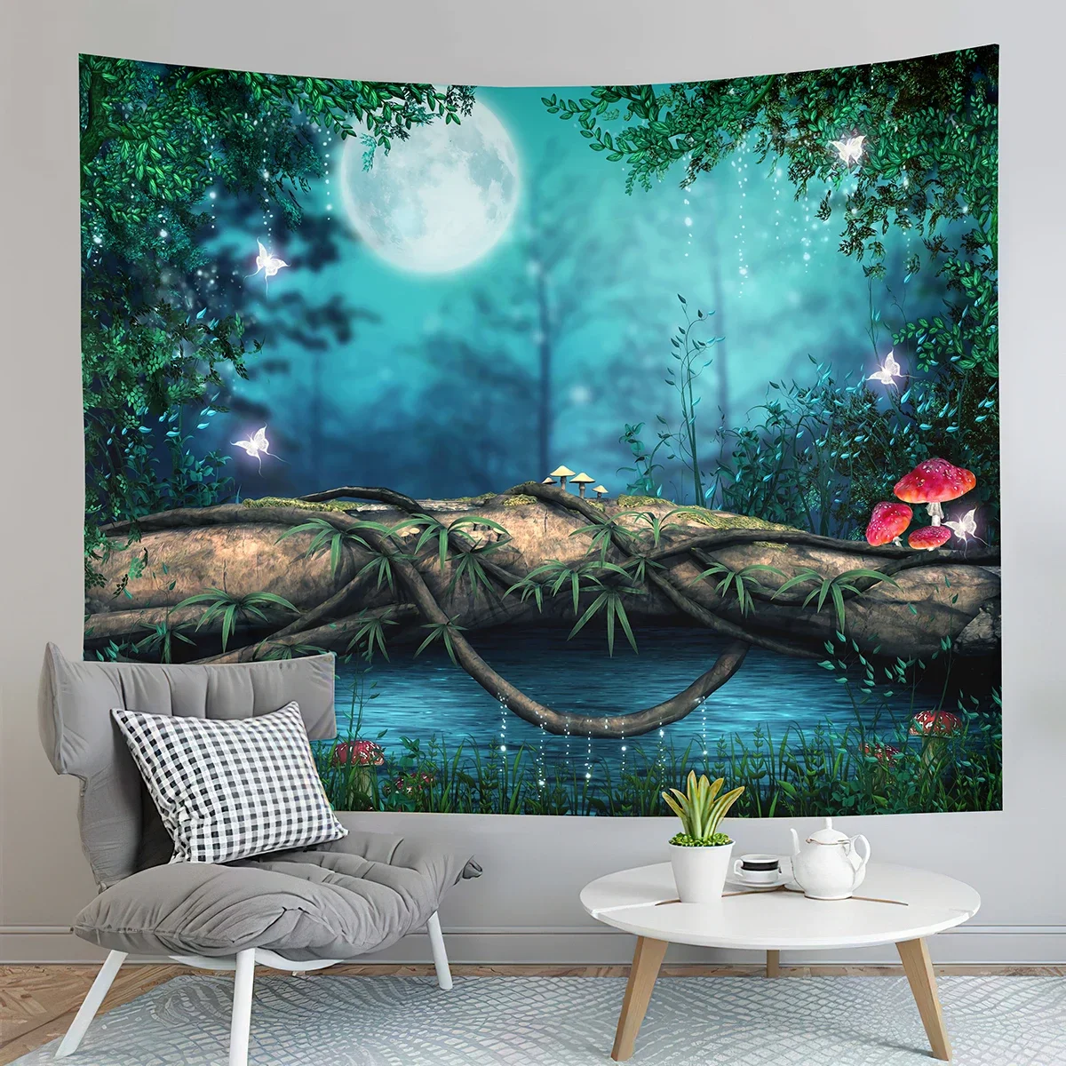 Fairy Tale Forest Tapestry Full Moon Night  Red Mushroom  Living Room Bedroom Dormitory