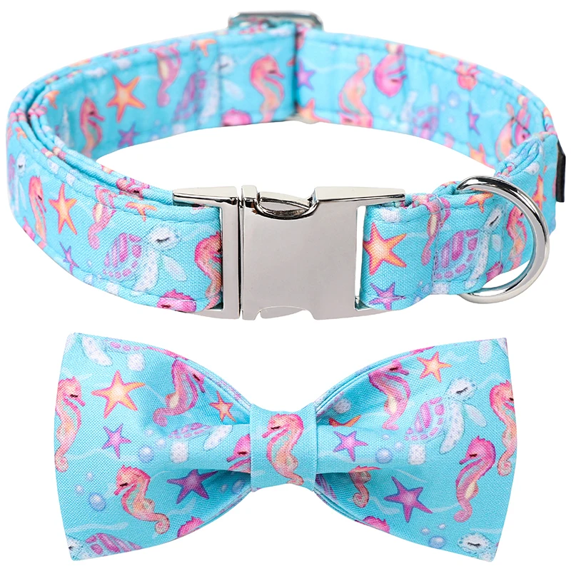 Summer Dog Collar-Cute Blue Dog Collar with Bow, Adjustable Seahorse Turtle Dog Collar Puppy Collars with Metal Buckle