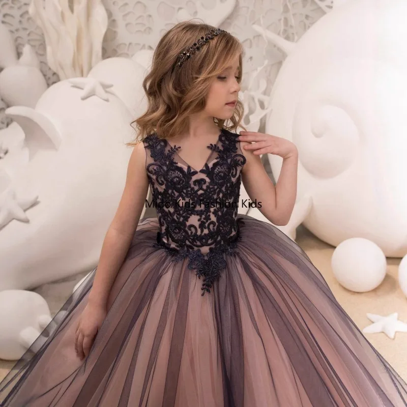 New Lace Flower Girl Dress for Girls Floor-Length Children's Formal Gown Puffy Birthday Performance Princess Dress