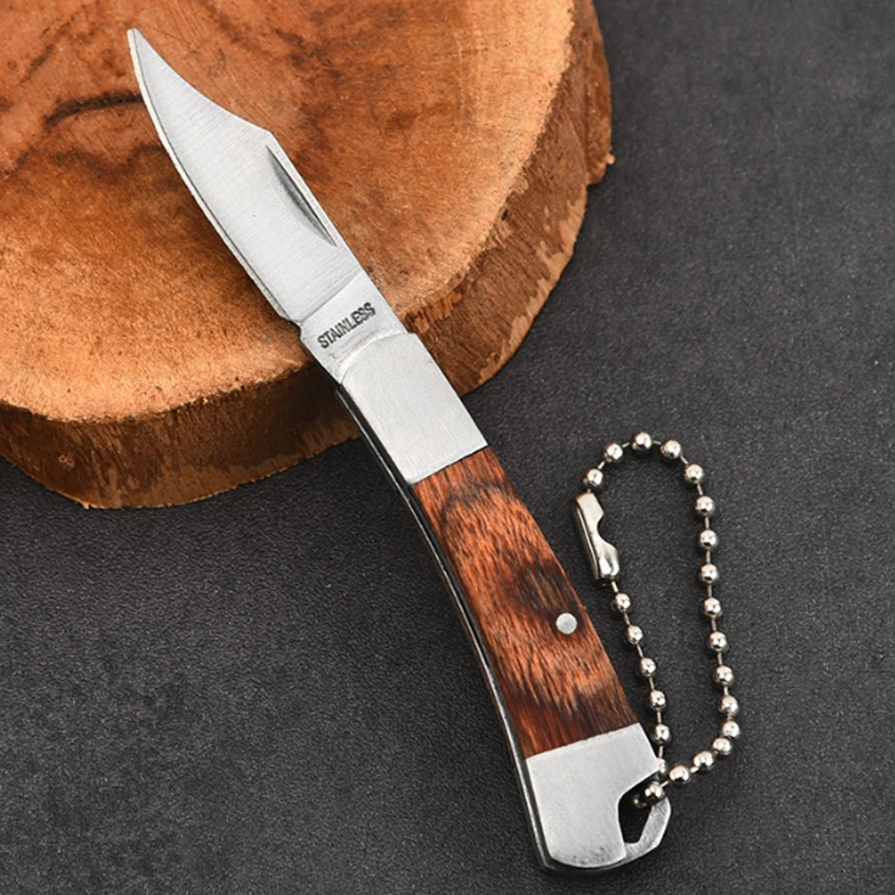 Portable Wooden Handle Stainless Steel Shaped Knife Camping Outdoor Survival Tools Self-defense Folding Pocket Knife Mini Knife