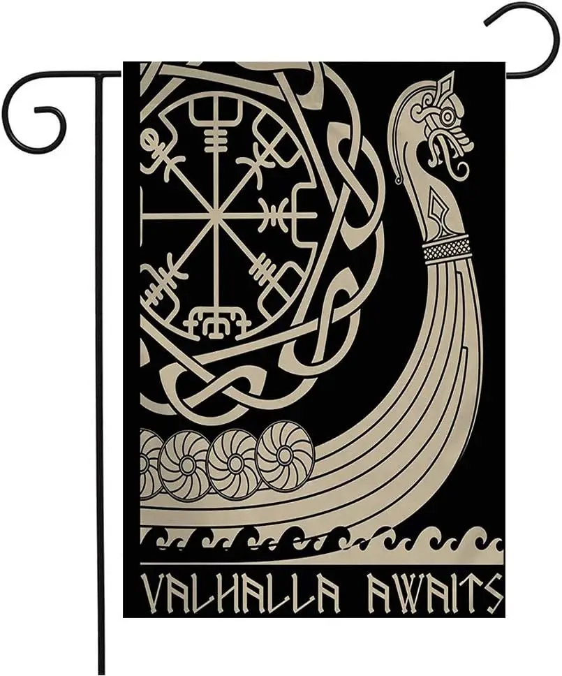 Welcome Garden Flag Vertical Asgard Warship Vikings Retro Runes Nordic Drakkar Pattern Barbarian Boat Celtic Fantasy Heathen Yar