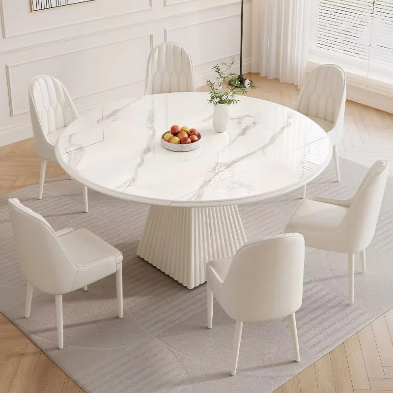 Luxury White Sintered Stone Extendable Dining Table Modern Round Wood Base Dinner Table For Family Apartment Small Apartment