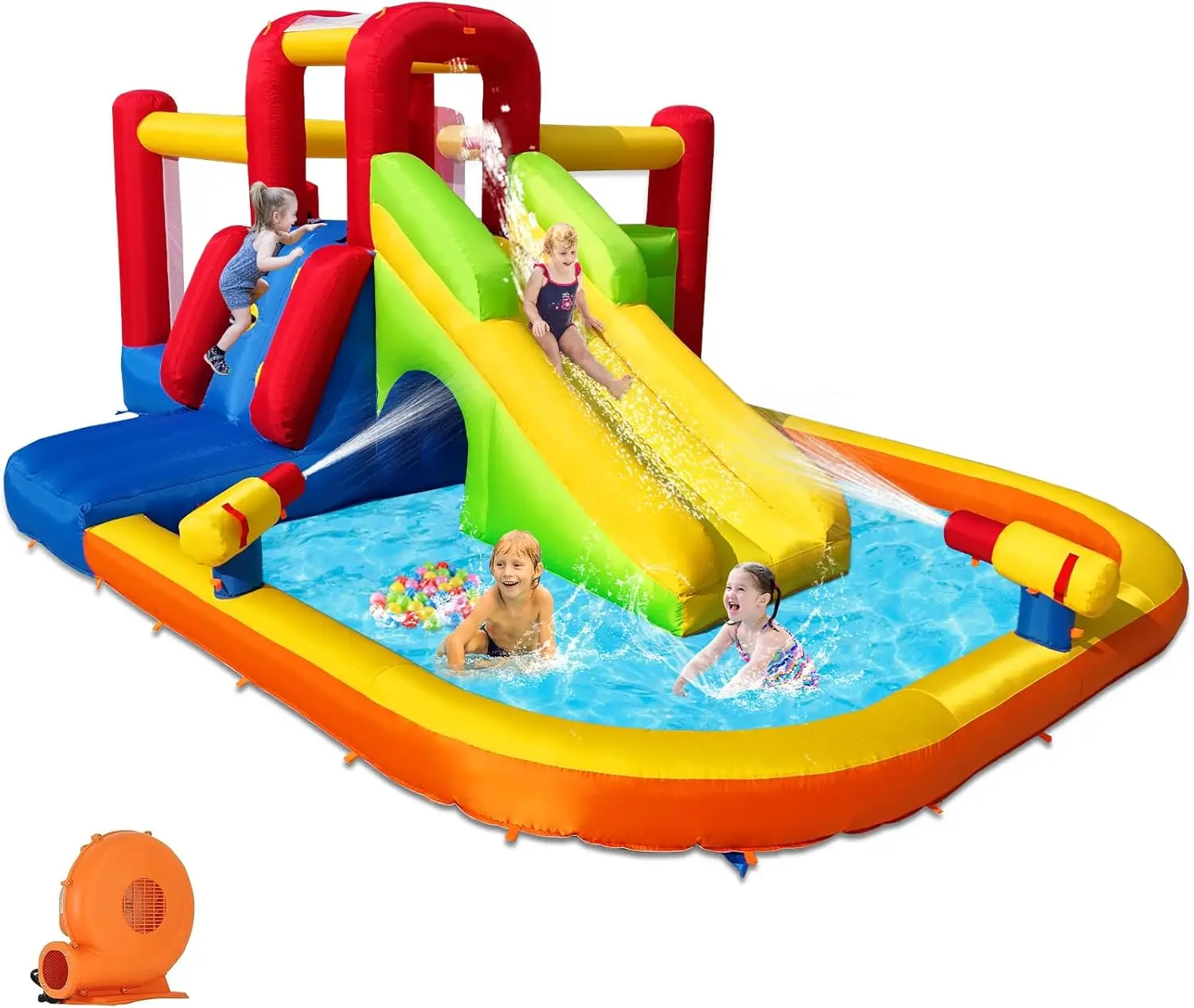 Corrediça de água inflável da casa do salto para crianças, parque aquático com piscina de respingo, canhão duplo, 2 paredes de escalada, obstáculos, explodir j