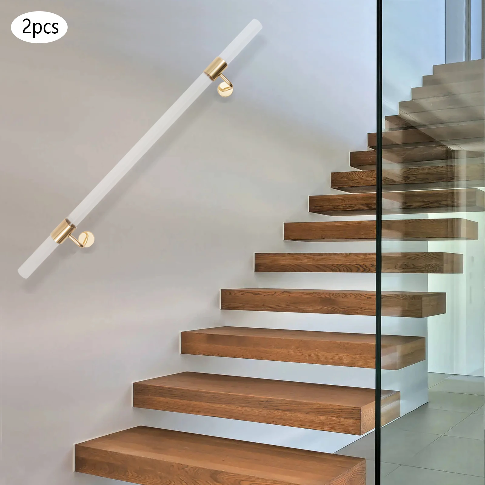 2 Pack Acrylic Handrail for Indoor Stairs Wall Mount Railing with Golden Brackets