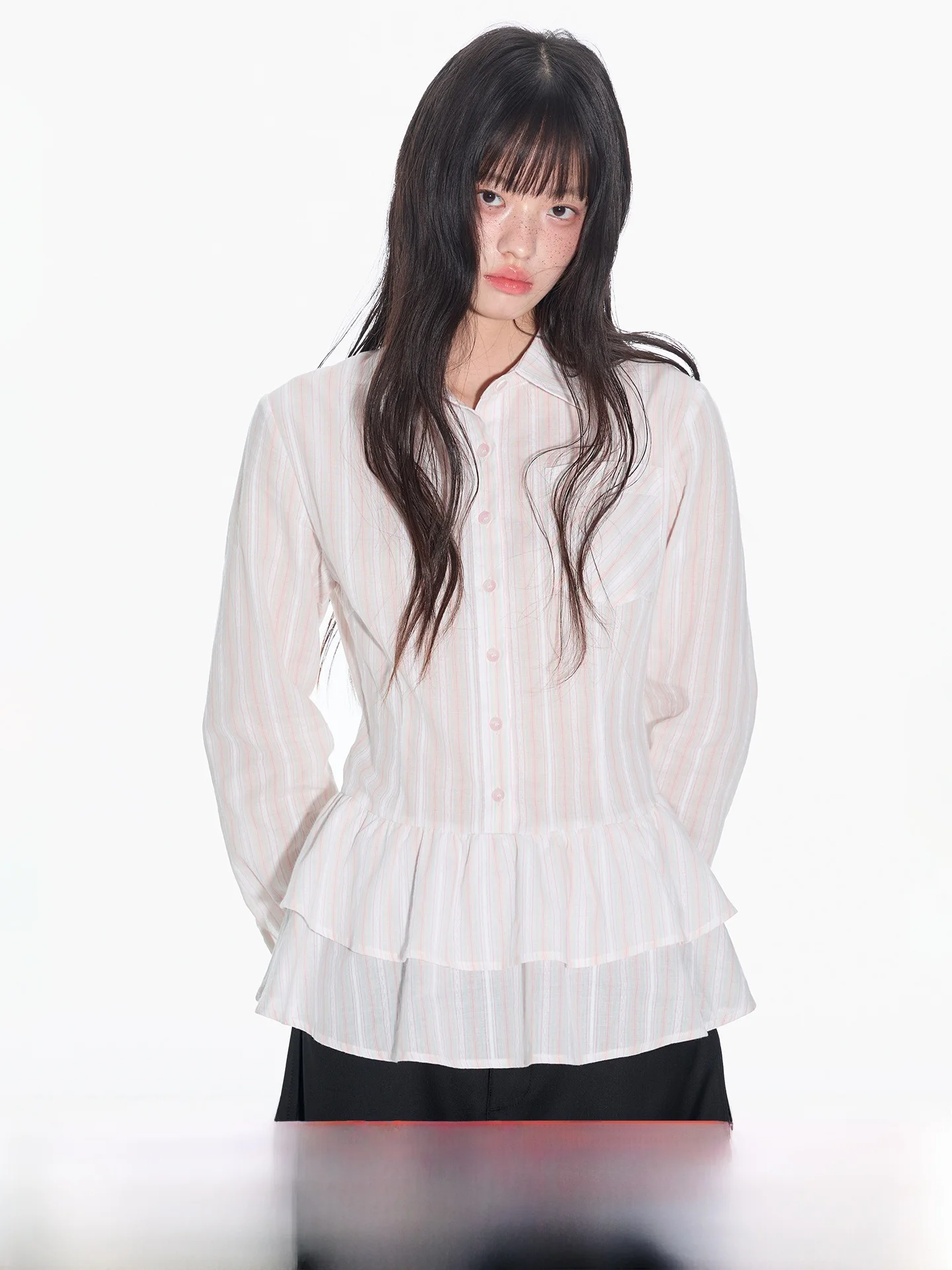 

Slim Fit Striped Multi-Layer Cake Hem Long Sve irt Top Original Design Pink Color Commute Sle Cotton Blend Women's irt
