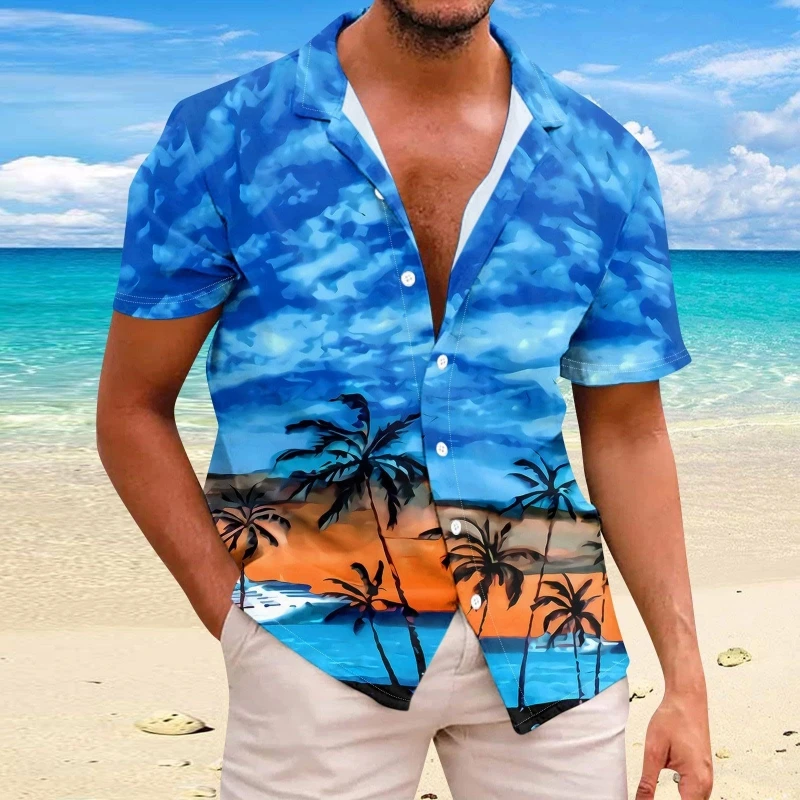 Camisa havaiana masculina de manga curta, estampada 3D em coqueiro, tops grandes e soltos, moda verão, nova, 2024