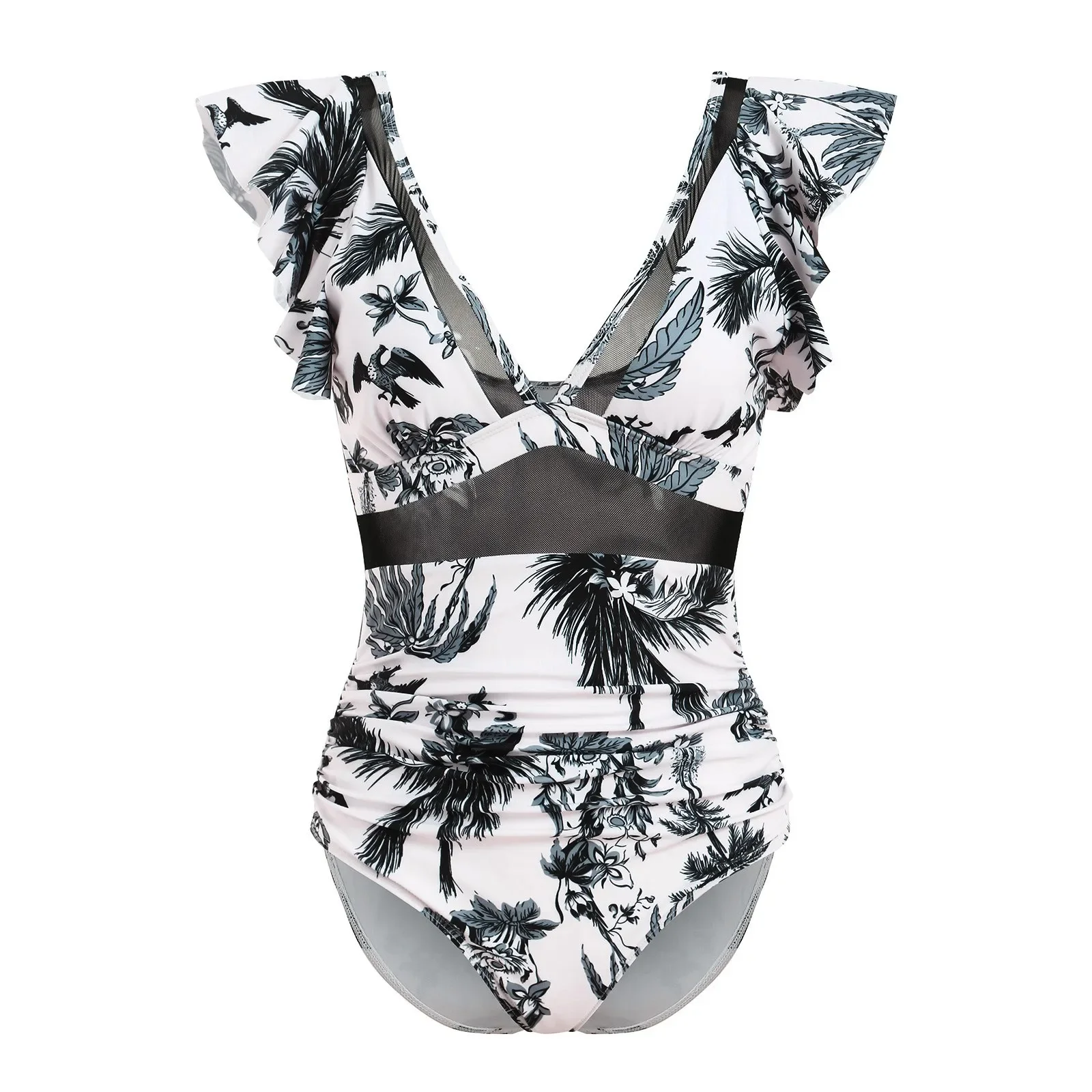 Women Sport Shirred Tank Bikini Swimsuit Sexy Deep V-Neck Waist Mesh One-Piece Swimsuit Outfit For Summer trajes de baño mujer