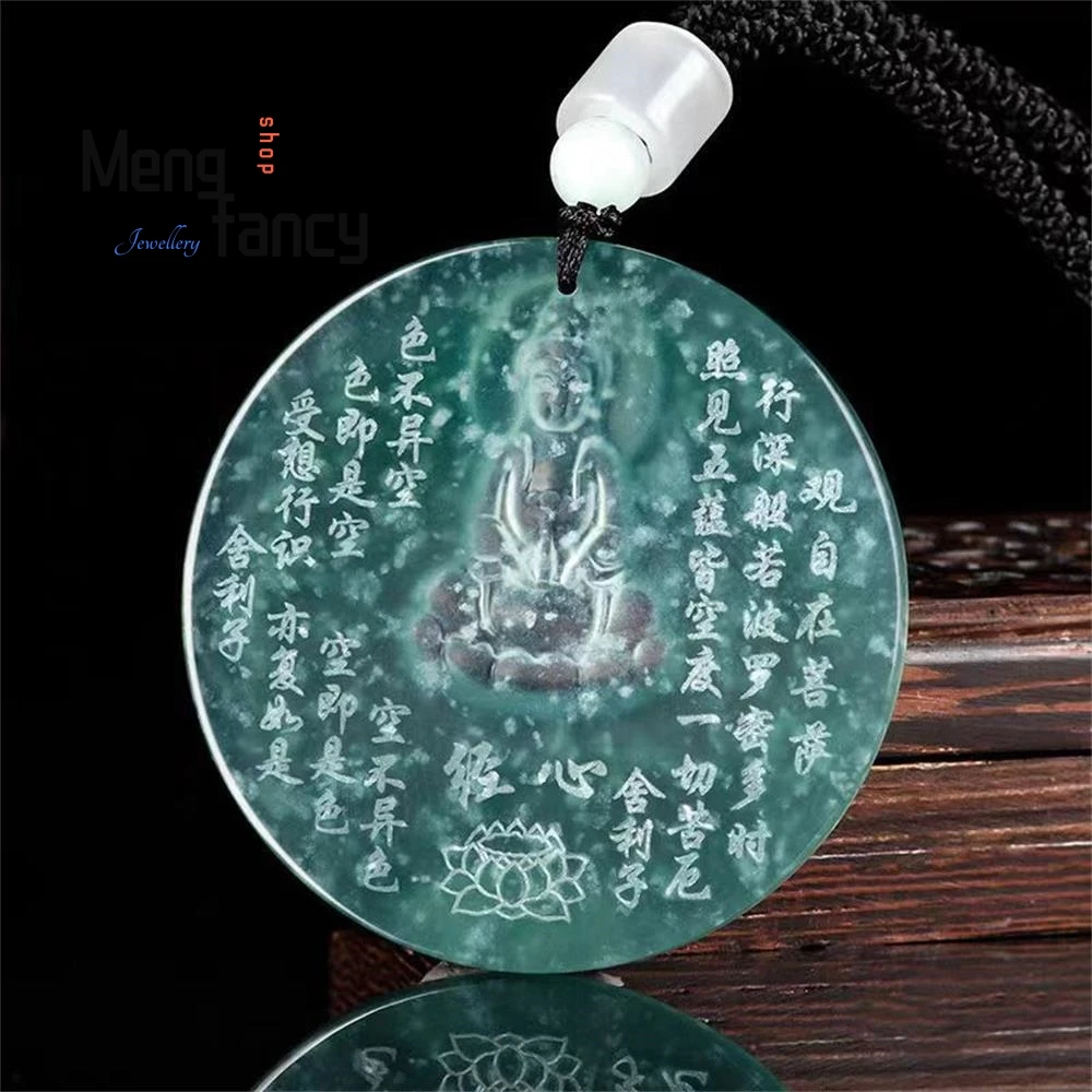 

Natural A-goods Jadeite Blue Water Carving Guanyin Heart Sutra Icy Yin Carved Jade Pendant Men And Women Pendant Jade Pendant