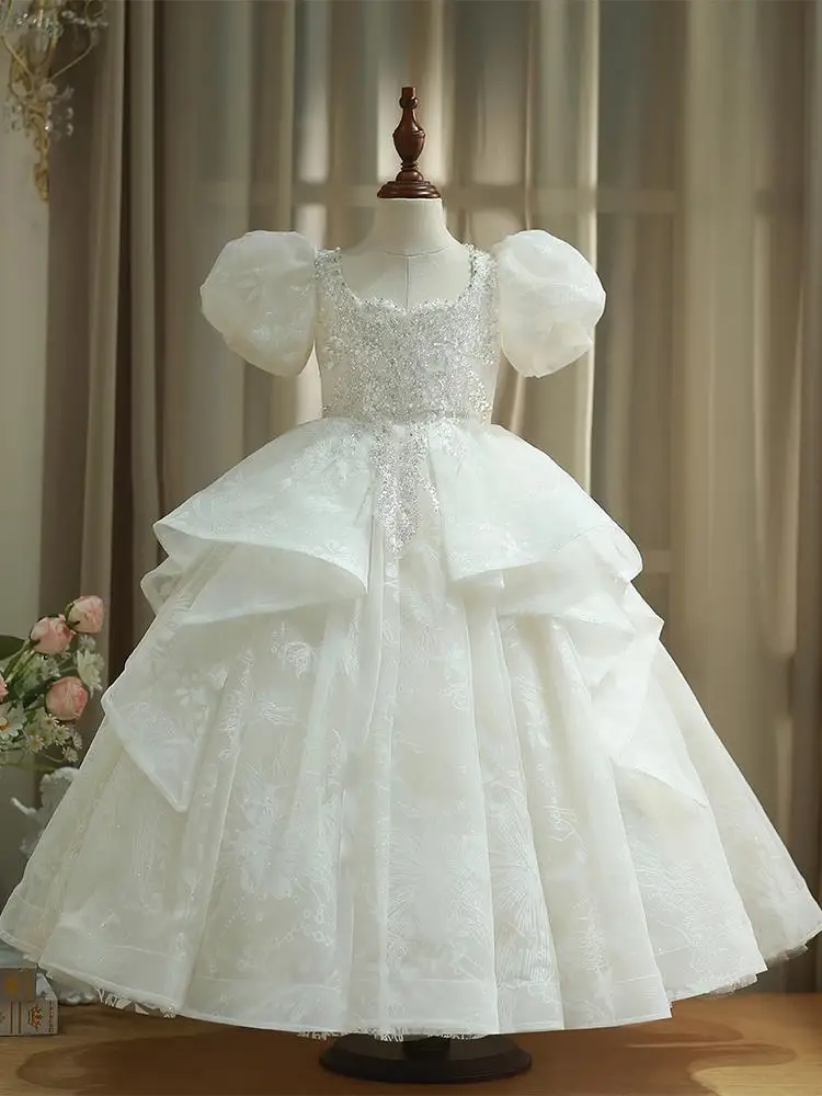 

Children Dress Princess Sequin Beaded Little Girl White Flower Girl Wedding Birthday Party Gown Kids Formal Carnival Ball Dress