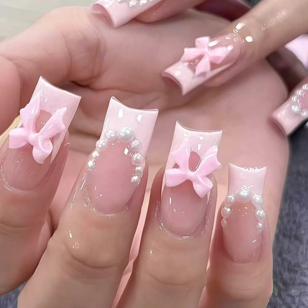 24Pcs Pink French Pearl Bow Press on Nails Long Ballet Coffin Full Cover Fake Nails with Bowknot Style Artificial False Nail Tip