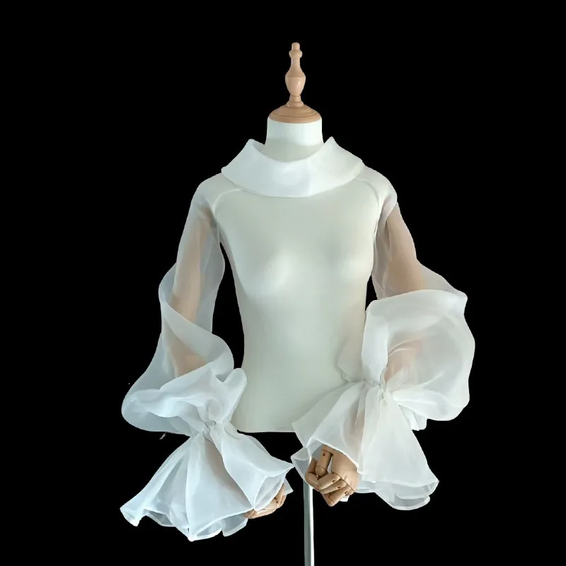 Bridal Strapless Dress Accessory Long Puffy Sleeves Detachable Cover-Up Arm Hidden Cover Ruffle Trim Wrap for Wedding