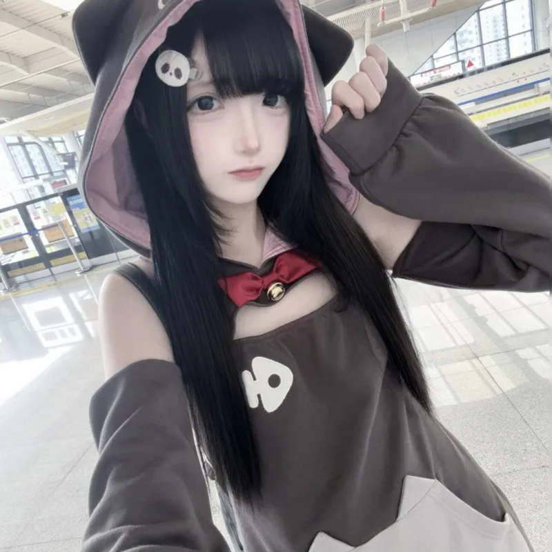 Y2K Cute Cat Ear Hoodie Dresses, Women Kawaii Animal Print Long, Sleeve Sweatshirt Off Shoulder Loose, Pullover Tops Gift New