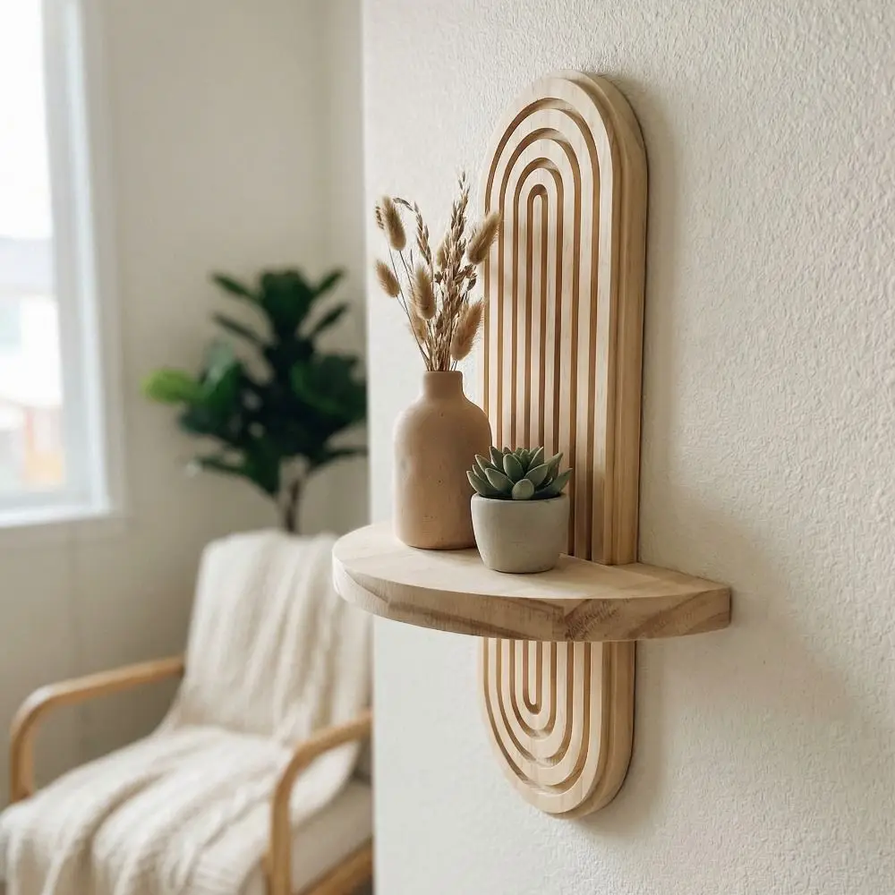 Oval Threaded Wooden Wall Shelves Natural Geometric Boho Style Rack Vintage Decorative Wall Mounted Shelf Laundry Room