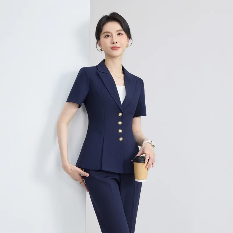 2026Women's summer thin professional suit, elegant workwear for jewelry stores, ladies' gray short-sleeved blazer
