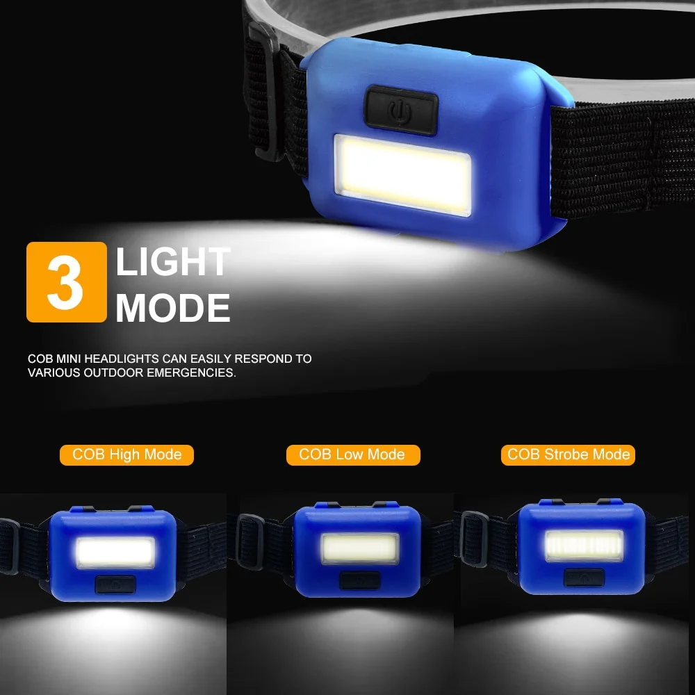 Portable Lighting COB Headtorch LED Headlamp Mini Battery Headlight 3 Modes Waterproof Flashlights for Outdoor Camping Hiking
