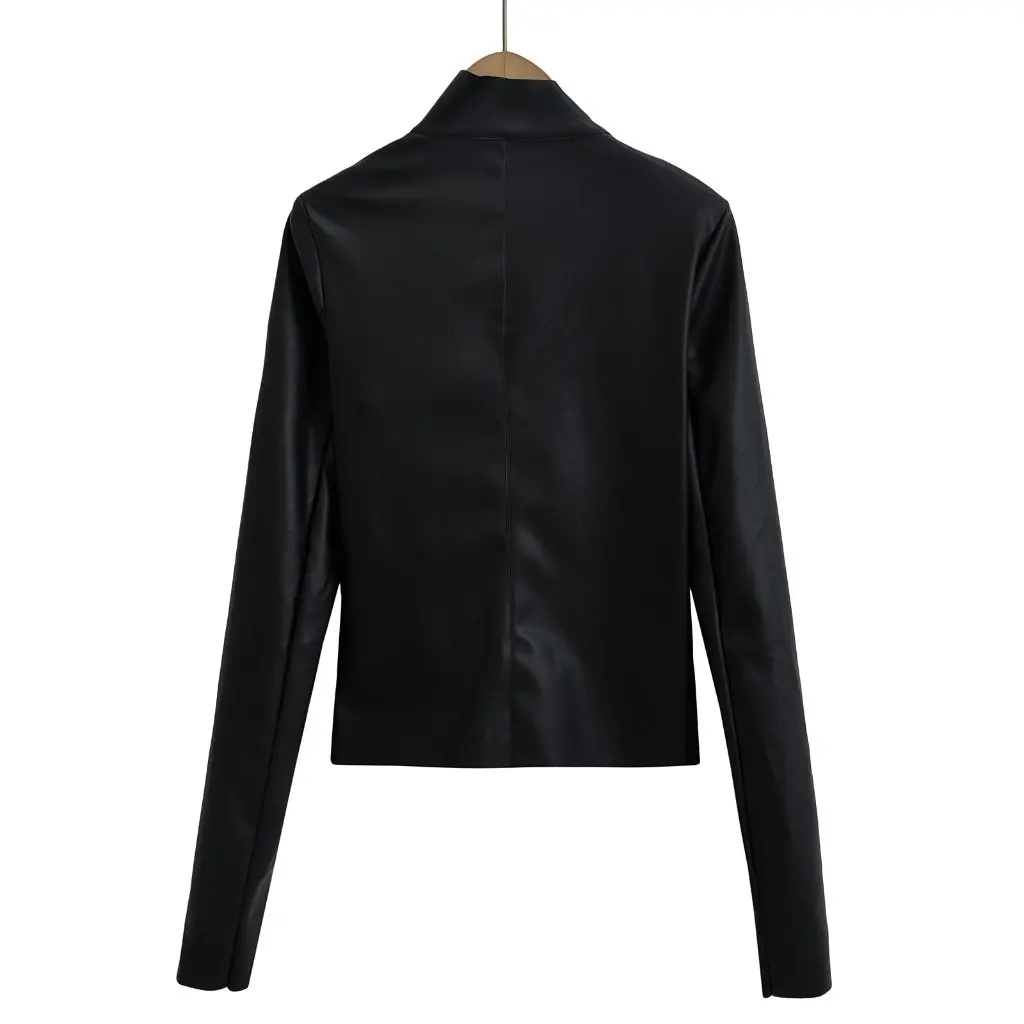 Damska kurtka retro ze skóry PU, dopasowany krój, zapinana na zamek, styl amerykański, motocyklowa, w kolorze rdzawy, jesienna.