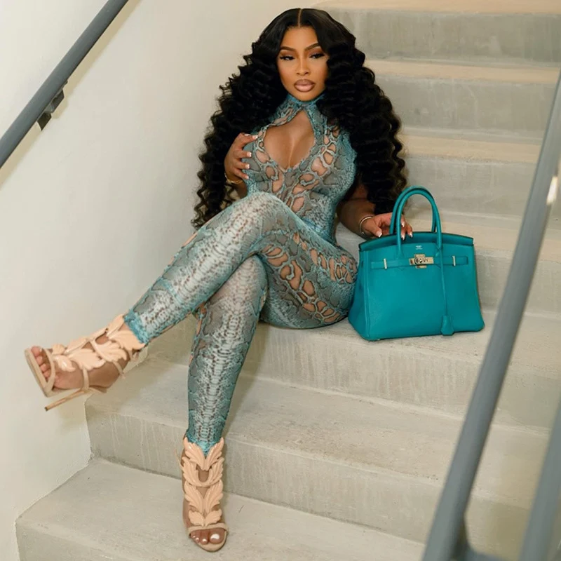 섹시한 홀로우 아웃 스네이크스킨 프린트 파티 점프수트 여성용 봄 가을 민소매 터틀넥 슬림 클럽웨어 바디콘 롬퍼 캣수트