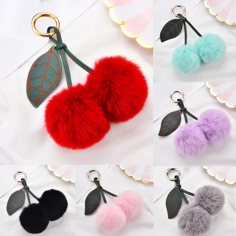 New Fashion Plush Cherry Keychains for Women Girls Fluffy Cartoon Rabbit Fur Ball Pompom Leaf Key Chains Rings Keyring Bag Gifts