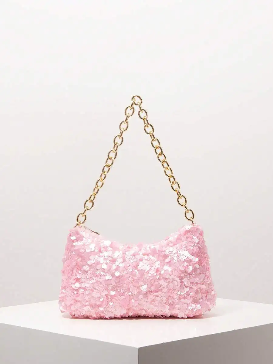 

Glittering Sequin Shoulder Bag, Floral Bag, Sequin Bag, Bridal Party, Metal Chain Women Handbag, Prom Bag, Prom